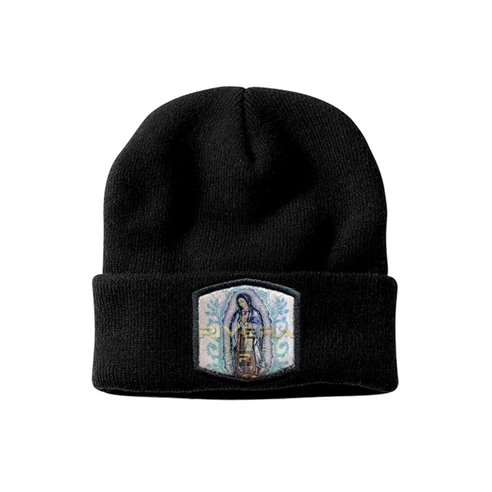 AM Winter Knit Beanie, Virgen de Guadalupe Embroidered Patch, Shiny Metallic Cap